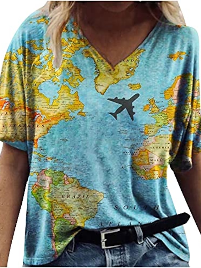  Damen Kurzarm Tops Vintage Grafik T-Shirts Weltkarte Blusen Loose Map Shirt für Frauen y2k 90er Jahre lustiges T-Shirt