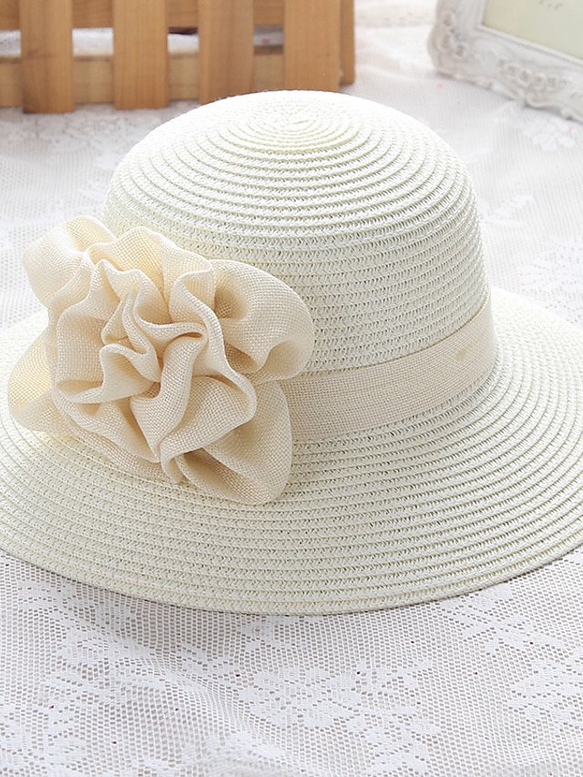  Women's Straw Hat Flower Party Wedding Street White Pure Color Hat / Cute / Fall / Winter / Spring / Beach