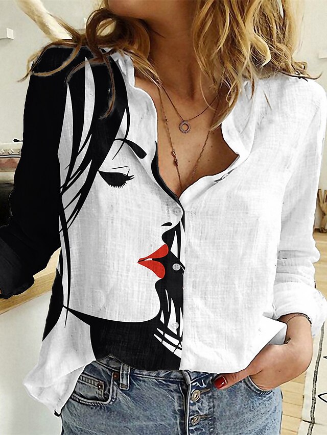  Dame Skjorte Bluse Hvit Rosa Blå Knapp Trykt mønster Grafisk Abstrakt Daglig Helg Langermet Skjortekrage Gatemote Fritid Portrett Normal