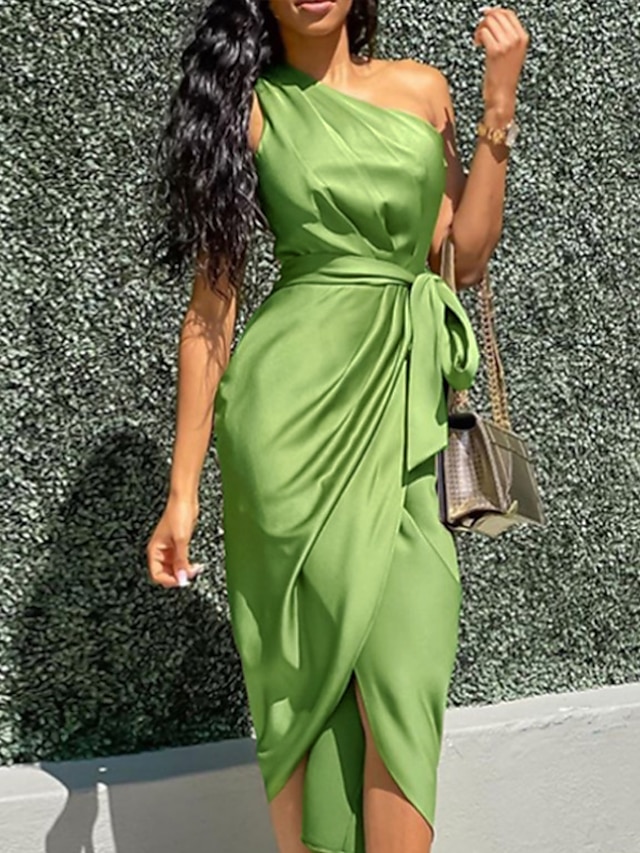  Dame Midikjole Smaragdgrønn kjole Wrap-kjole Militærgrønn Ermeløs Delt Blondér Ren farge Enskuldret Vår Sommer Stilfull Varmt Sexy 2022 S M L XL / Festkjole