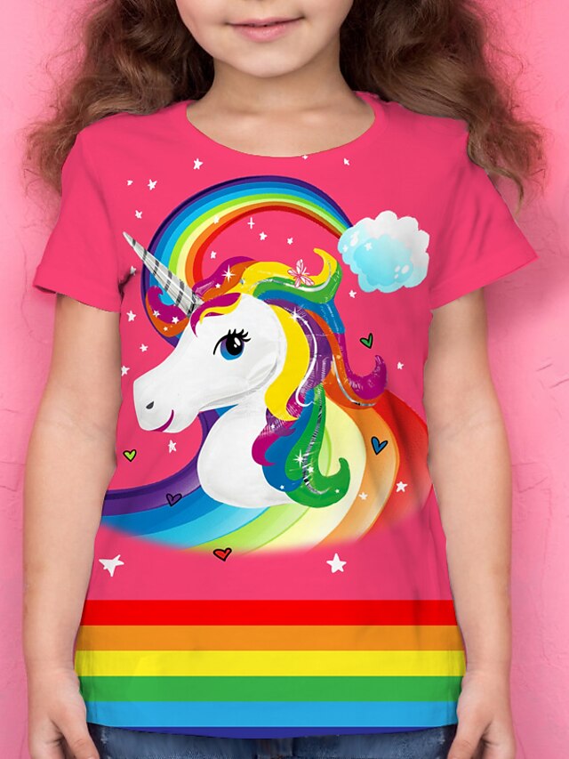  Girls' T shirt Short Sleeve T shirt Tee Animal Rainbow 3D Print Active Polyester School Daily Wear Kids Print 4-12 Years 3D Printed Graphic Regular Fit Shirt