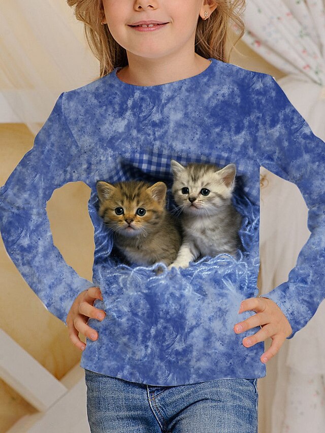  Kinder Katze 3D-Druck T-Shirt T-Shirt Langarm blau grau Tierdruck Schule Alltag aktiv 4-12 Jahre / Herbst