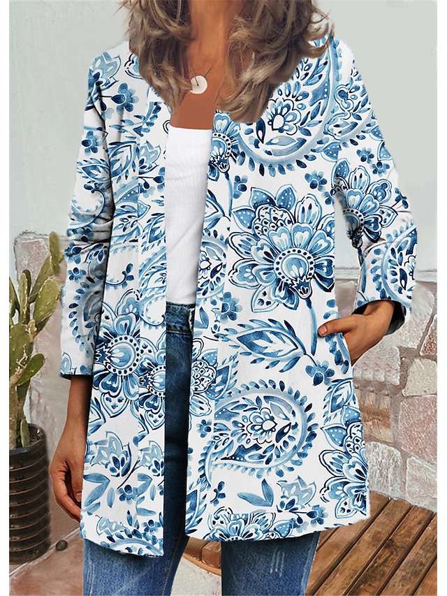  Damen Jacke Herbst Winter Täglich Festtage Standard Mantel Rundhalsausschnitt Öffnung vorne Regular Fit Alltag Jacken Langarm Bedruckt Blumen Blau Weiß