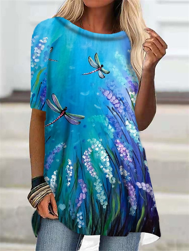  Damen Minikleid T Shirt Kleid Blau Purpur Halbe Ärmel Druck Blumen Tier Rundhalsausschnitt Herbst Sommer Festtage Freizeit 2021 S M L XL XXL 3XL