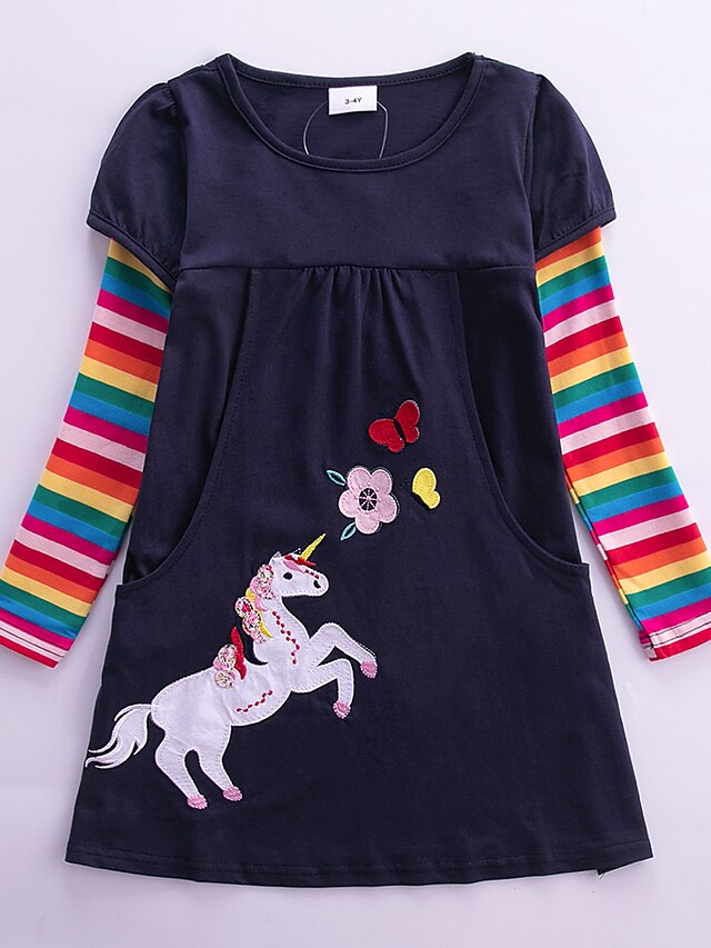  Kids Little Dress Girls' Rainbow Unicorn Animal School Daily Embroidered Fuchsia Royal Blue Knee-length 100% Cotton Long Sleeve Sweet Dresses Fall Spring Children's Day Loose 2-8 Years