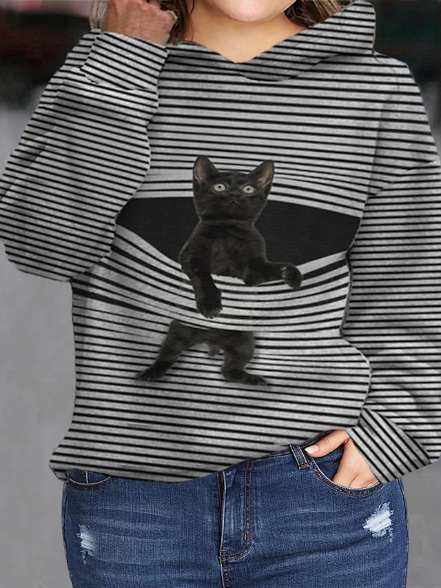  Women's Plus Size Tops Hoodie Sweatshirt Striped Cat Animal Print Long Sleeve Fall Winter Streetwear Blue Black Big Size L XL XXL 3XL 4XL