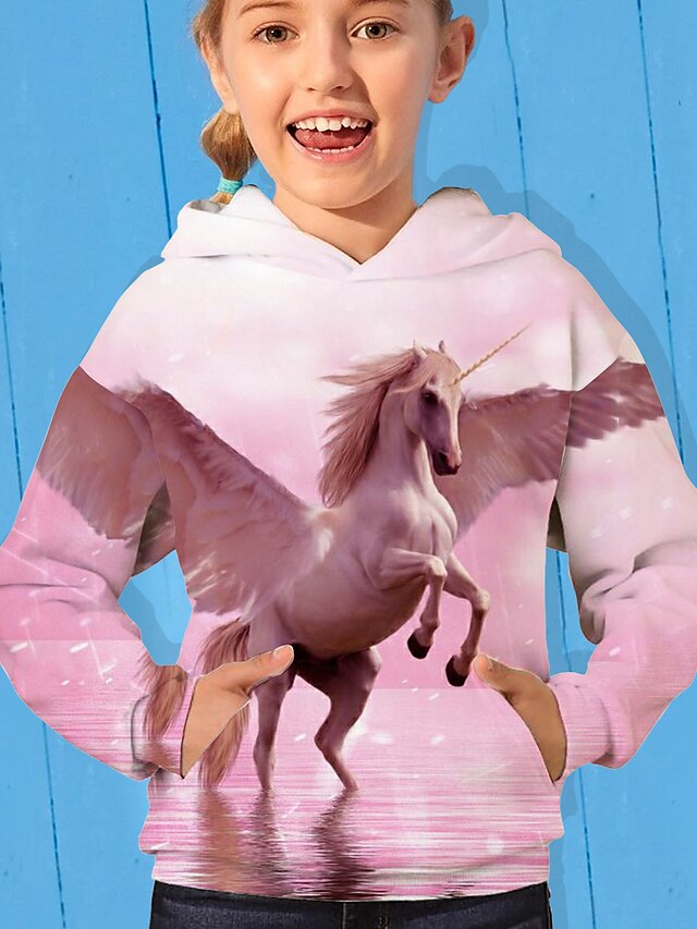  Kids Girls' Hoodie & Sweatshirt Long Sleeve Unicorn Animal Print Blush Children Tops Fall Active Daily Wear Regular Fit 4-12 Years