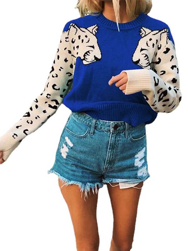  Women's Pullover Leopard Long Sleeve Sweater Cardigans Crew Neck Blue-Green Red Wine Gray