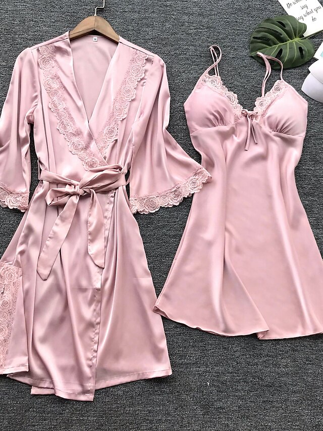  Women's 2 Pieces Pajamas Sets Nighty Casual Comfort Satin Patchwork Jacquard Satin Party Home Deep V Gift Lace Mesh Fall Spring Belt Included Pink Khaki / Spandex / Super Sexy / Bow / Strap