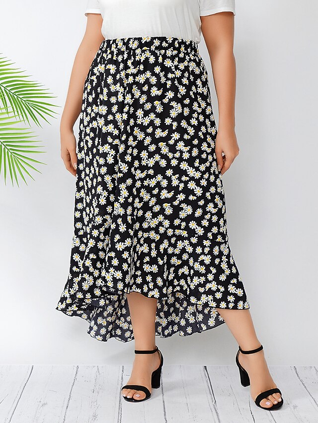  Women's Plus Size Skirt Ruffle Print Flower Daily Going out Casual Maxi High Summer Black L XL XXL 3XL 4XL / Cotton