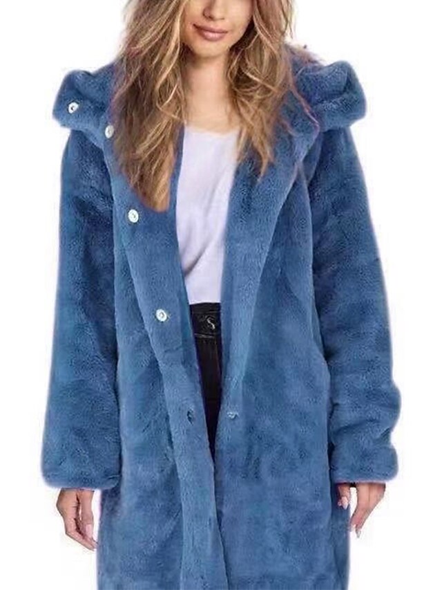  Women's Faux Fur Coat Fall & Winter Daily Long Coat Loose Basic Jacket Long Sleeve Oversized Solid Colored Blue Purple Yellow