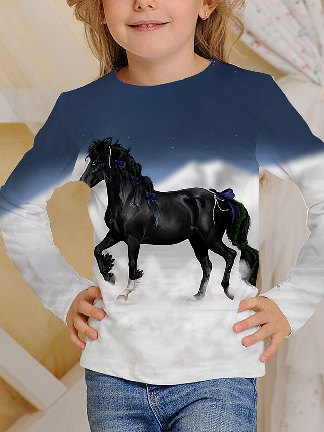  barn hest t-skjorte langermet hvit marineblå hest 3d print dyreprint daglig bruk aktiv 4-12 år / høst