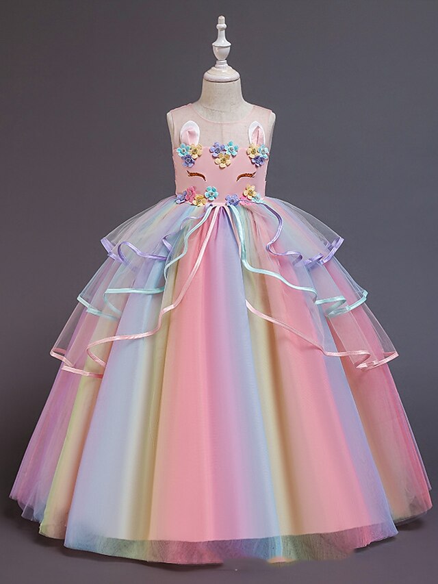  Kids Princess Unicorn Rainbow Party Dress