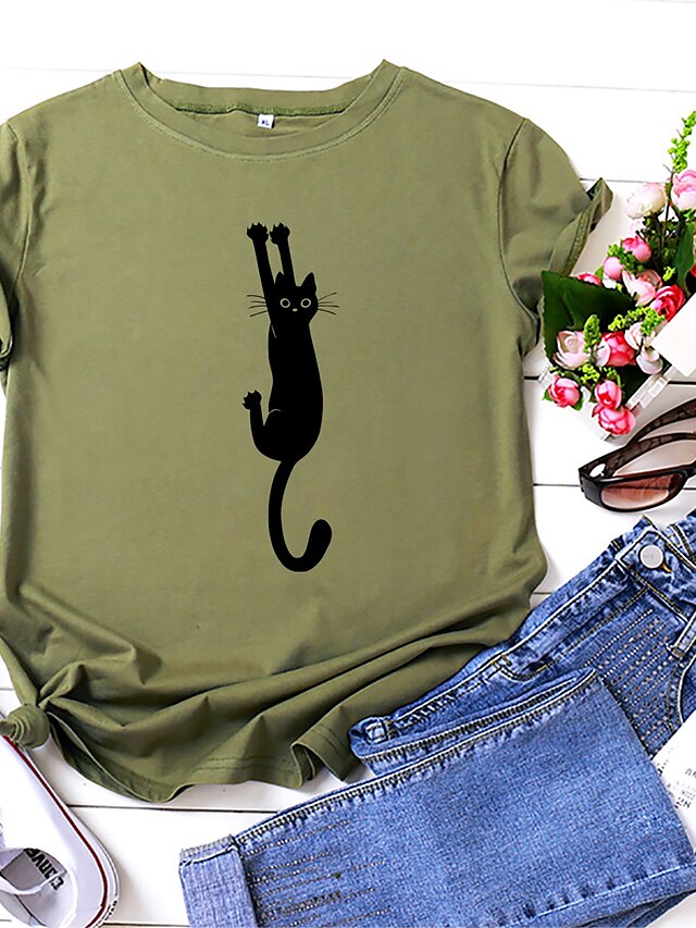  Women's T shirt Cat Printing Animal Round Neck Tops Blue Yellow Blushing Pink