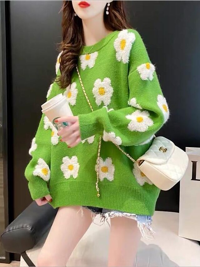  Women's Sweater Daisy Embroidery Stylish St. Patrick's Day Long Sleeve Loose Sweater Cardigans Fall Spring Crew Neck Green Black