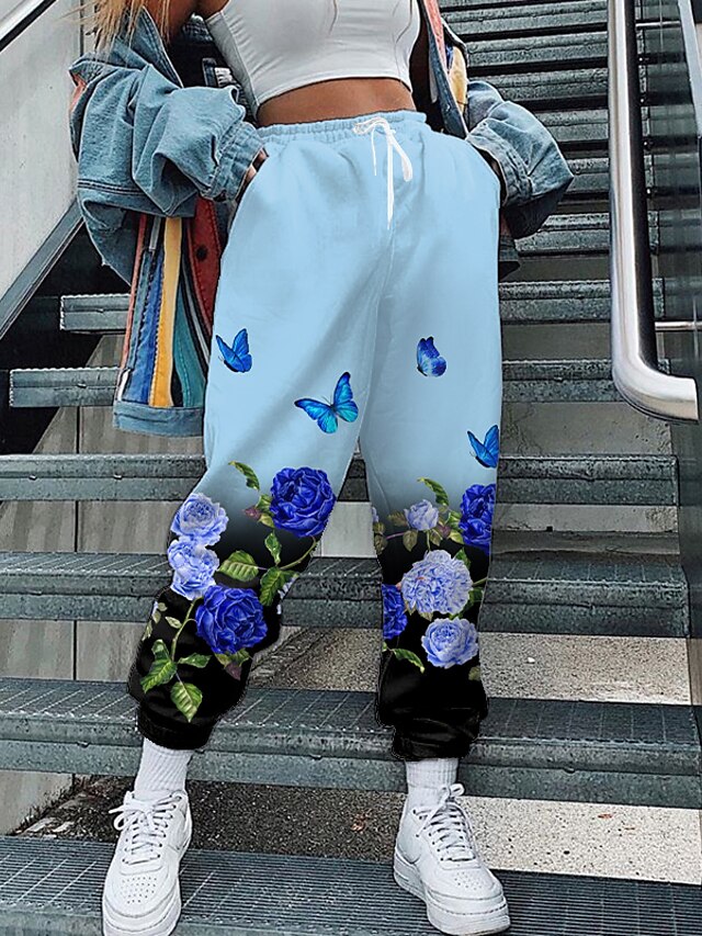  Damen Strassenmode Jogginghose Jogger Komfort Ausgehen Wochenende Hose In voller Länge 3D-Druck Schmetterling Blume Elastisches Kordelzugdesign Bedruckt Blau