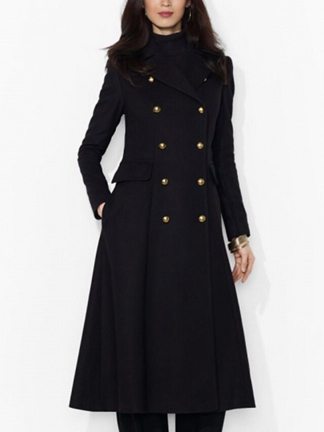  Women's Coat Daily Fall & Winter Long Coat Slim Basic Jacket Long Sleeve Solid Colored Black / Wool