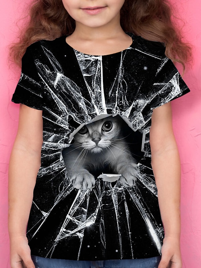  T-shirt Fille Enfants Chat Manches Courtes Chat Géométrique Animal 3D effet Imprimer Noir Enfants Hauts Actif Eté Usage quotidien Standard 4-12 ans