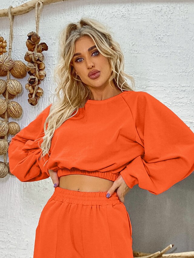  Women's Solid Color Cropped Sweatshirt Crop Top non-printing Casual Weekend Basic Cute Polyester Hoodies Sweatshirts  Long Sleeve Purple Orange / Wash with similar colours