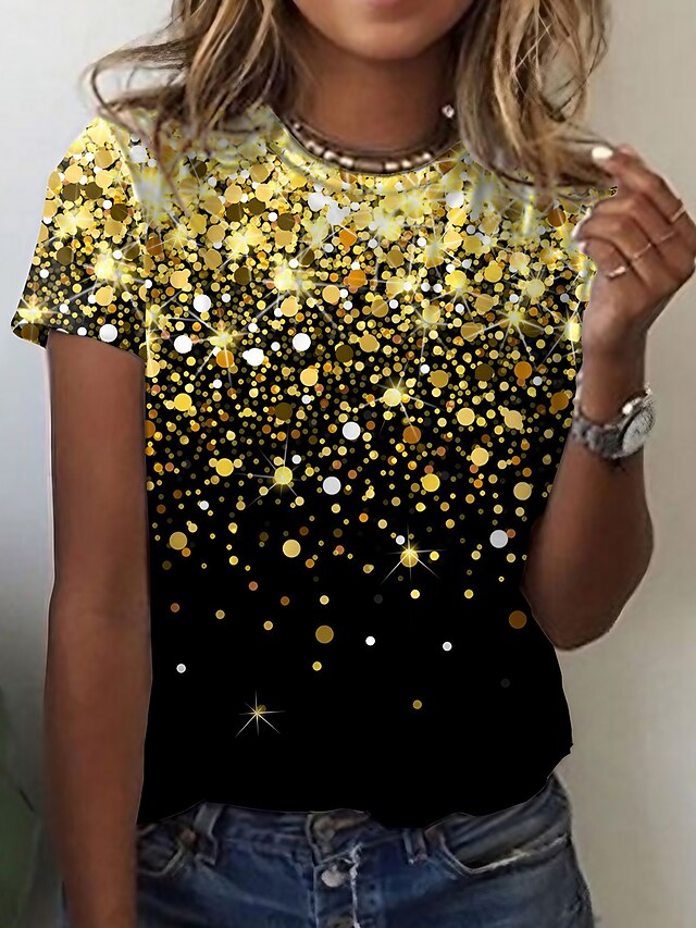  Dame T-shirt Galakse Grafisk sparkly Daglig Weekend Abstrakt Maleri Kortærmet T-shirt Rund hals Trykt mønster Basale Blå Lilla Gul S / 3D-udskrivning