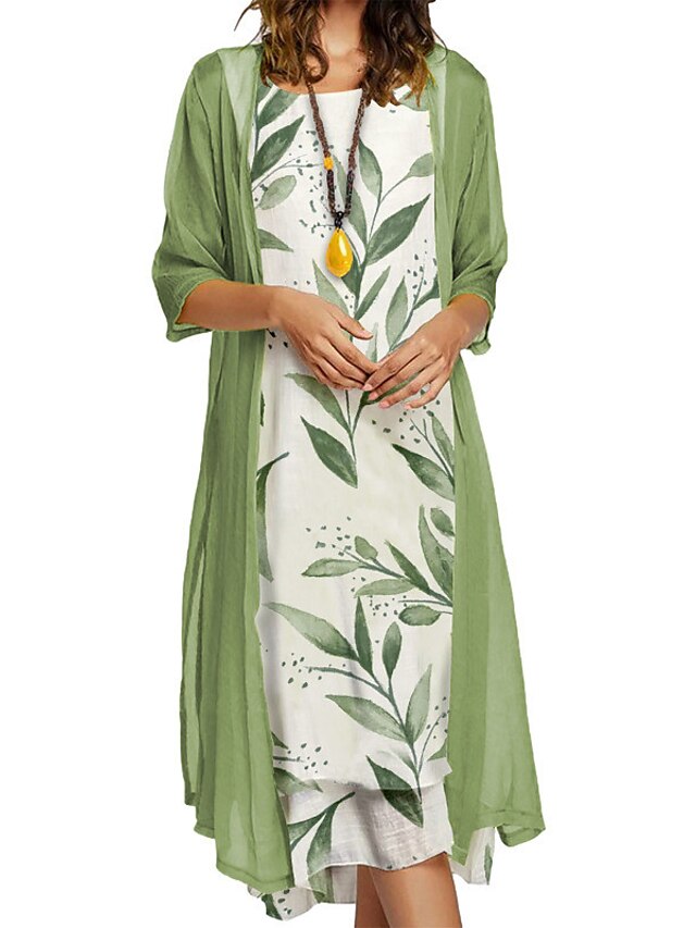  Women's Midi Dress Dress Set Two Piece Dress Shift Dress Green Floral 3/4 Length Sleeve Summer Spring Print Elegant Crew Neck 2023 M L XL XXL 3XL 4XL