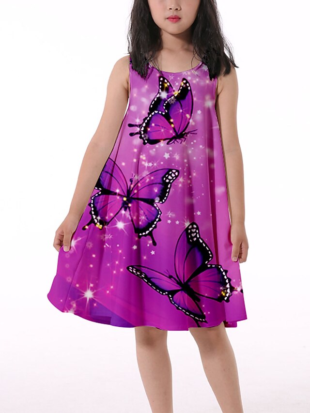  Kids Little Girls' Dress Butterfly Graphic Animal Tank Dress Casual Print Shrimp Pink Tie-dye purple Purple Knee-length Sleeveless 3D Print Cute Dresses Summer Loose 3-10 Years
