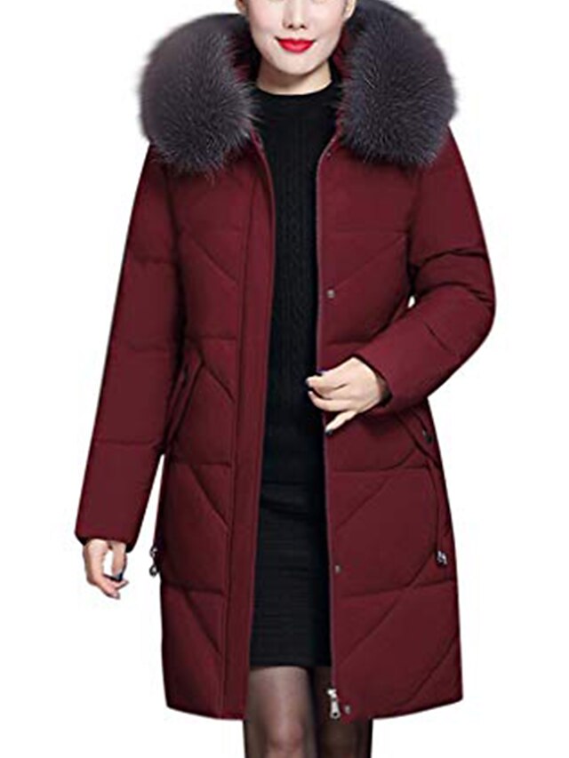 Doudoune femme 2019 avec capuche en fourrure, veste longue chaude jmetrie épaissir manteau outwear grandes tailles vin