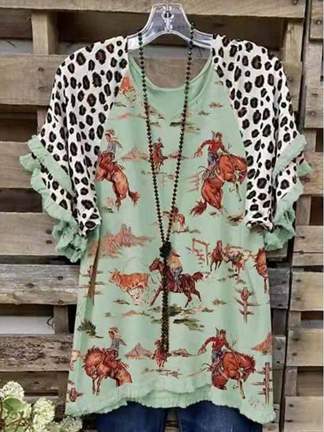  Damen Übergröße Oberteile T Shirt Bedruckt Leopard-Druck Kurzarm Rundhalsausschnitt Polyester Alltag Cremig-weiß Hellgrün