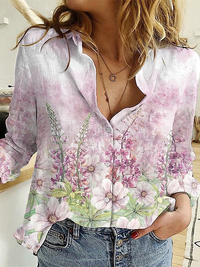  Damen Bluse Hemd Grün Purpur Gelb Bedruckt Graphic Blumen Casual Langarm Hemdkragen Basic Standard Blume Geometrisch S