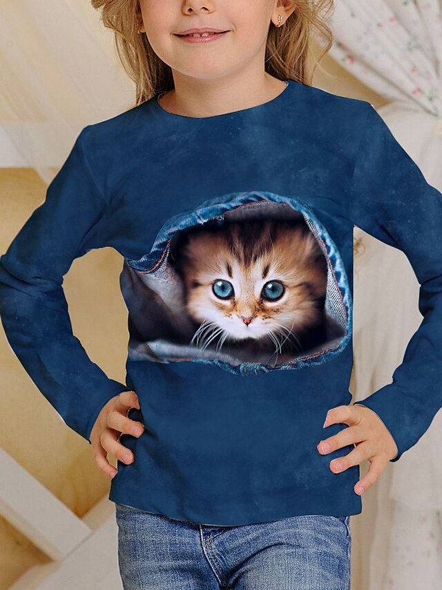  Camiseta con estampado 3d de gato para niños, manga larga, azul real, estampado animal, uso diario, bebé activo/otoño