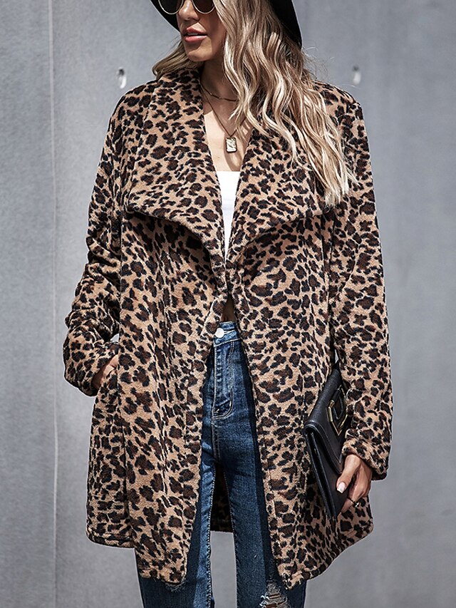  Women's Teddy Coat Fall Winter Daily Going out Long Coat Warm Regular Fit Sexy Jacket Long Sleeve Animal Pattern Leopard Print Khaki