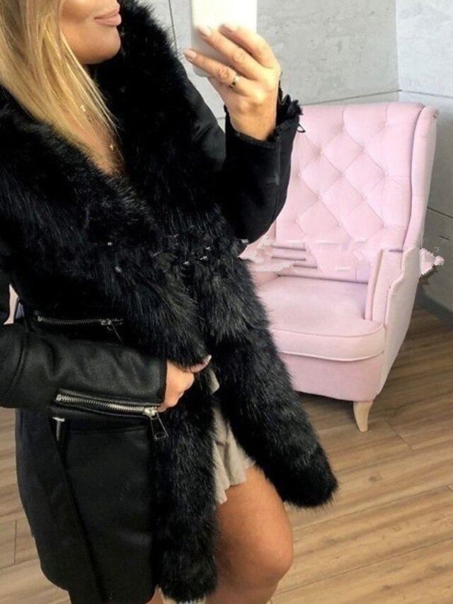  Women's Down Fall Winter Daily Long Coat V Neck Warm Loose Elegant & Luxurious Jacket Long Sleeve Fur Trim Solid Colored Blushing Pink White Black / Faux Fur / Lined