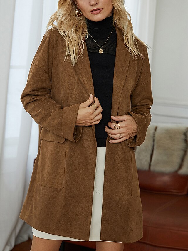  Women's Coat Fall & Winter Daily Work Long Coat Shirt Collar Regular Fit Basic Streetwear Jacket Long Sleeve Solid Colored Brown