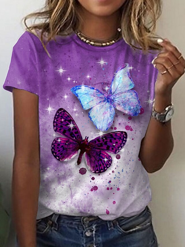  Women's T shirt Tee Animal Butterfly Color Gradient Pink Blue Purple Print Short Sleeve Daily Weekend Vintage Basic Round Neck Regular Fit