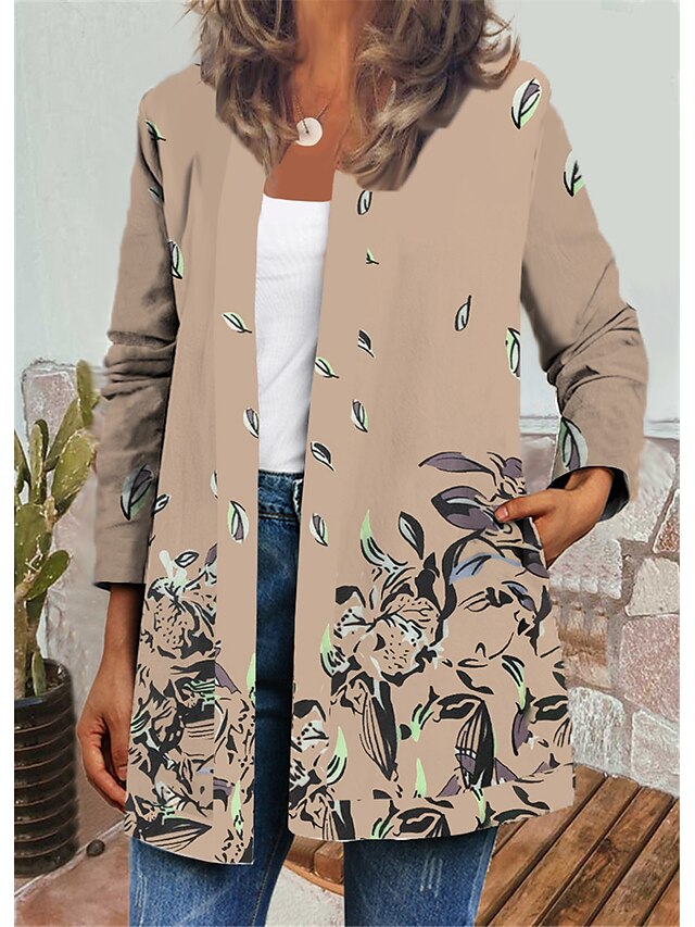  Women's Jacket Autumn / Fall Winter Daily Holiday Regular Coat Round Neck Regular Fit Casual St. Patrick's Day Jacket Long Sleeve Print Floral Green Beige
