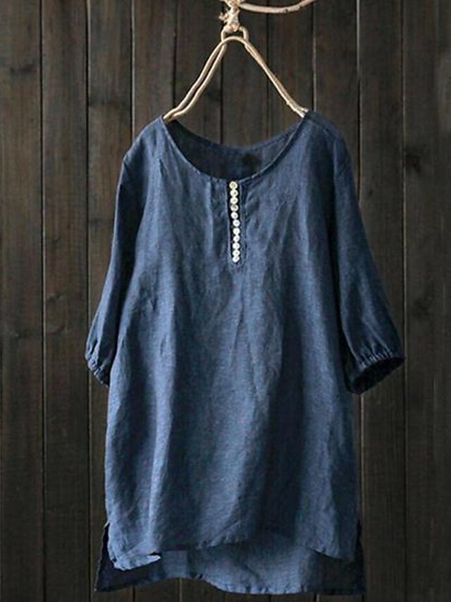  Women's Plus Size Tops Blouse Shirt Solid Color Half Sleeve Round Neck Cotton And Linen Causal Blushing Pink Navy Blue