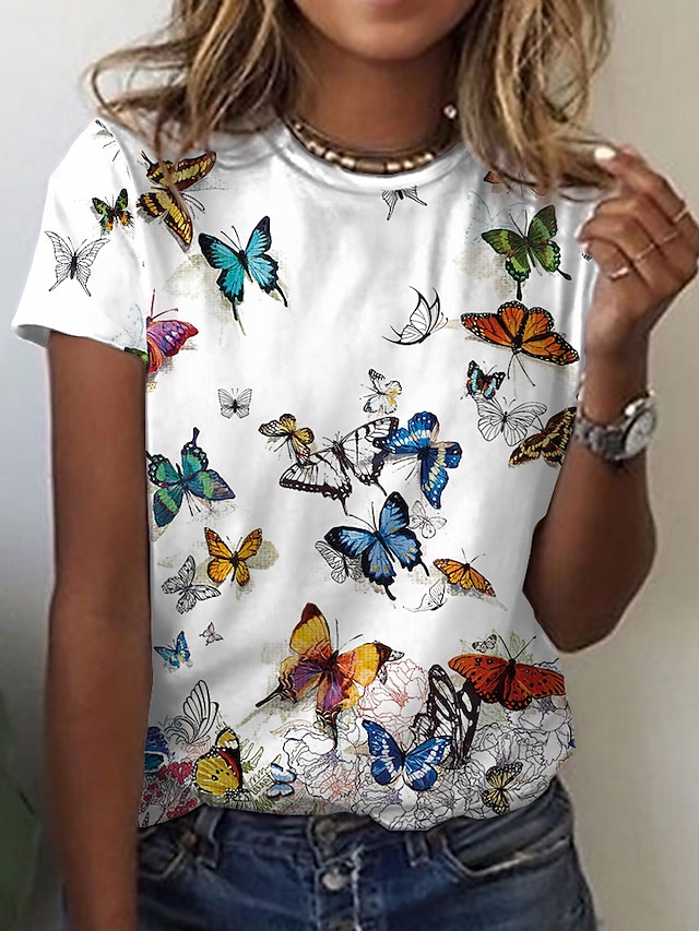  Damen T Shirt Tier Schmetterling Weiß Bedruckt Kurzarm Täglich Wochenende Basic Rundhalsausschnitt Regular Fit