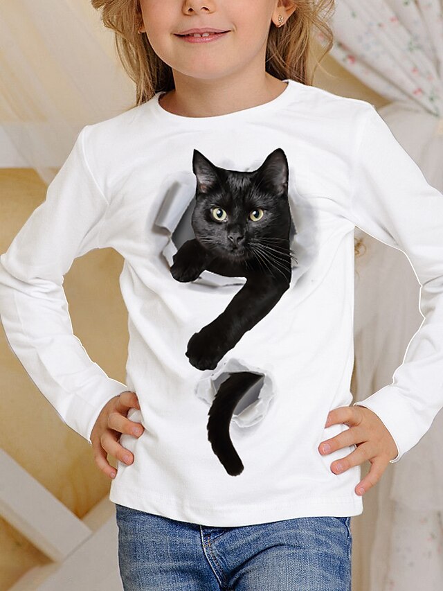  camiseta de gato com estampa 3d infantil camiseta manga longa gato com estampa animal azul branco rosa blusas infantis caem casual escola diária ajuste regular 4-12 anos