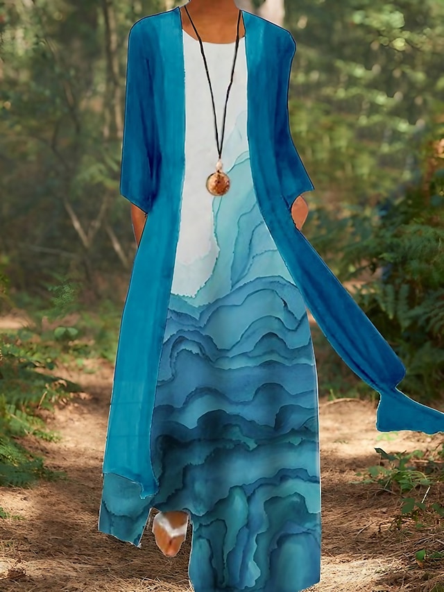  Damen Maxikleid Zweiteiliges Kleid Blau Purpur Königsblau Langarm Tasche Bedruckt Blume Tier Rundhalsausschnitt Herbst Frühling Elegant Alltag 2022 M L XL XXL 3XL 4XL 5XL
