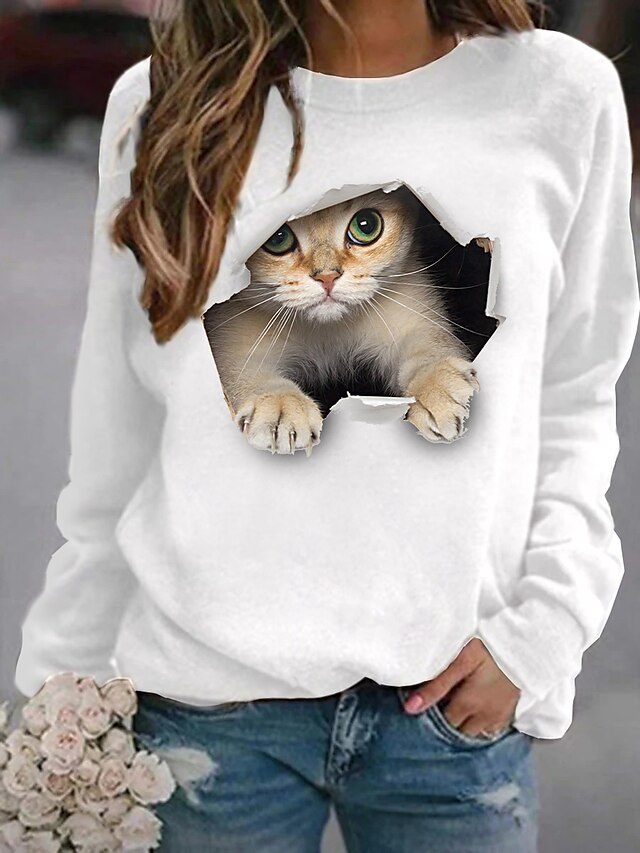  Damen Sweatshirt Pullover Zur Seite fahren 3D Bedruckt Aktiv Strassenmode Schwarz Weiß Gelb Tier Katze 3D Täglich Langarm Rundhalsausschnitt Baumwolle
