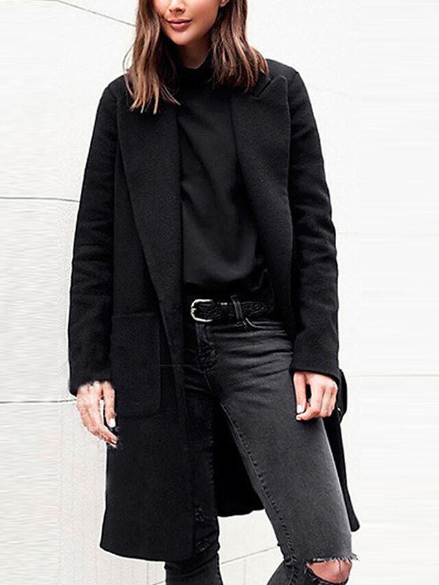  Women's Coat Daily Fall & Winter Long Coat Loose Basic Jacket Long Sleeve Solid Colored Camel Black