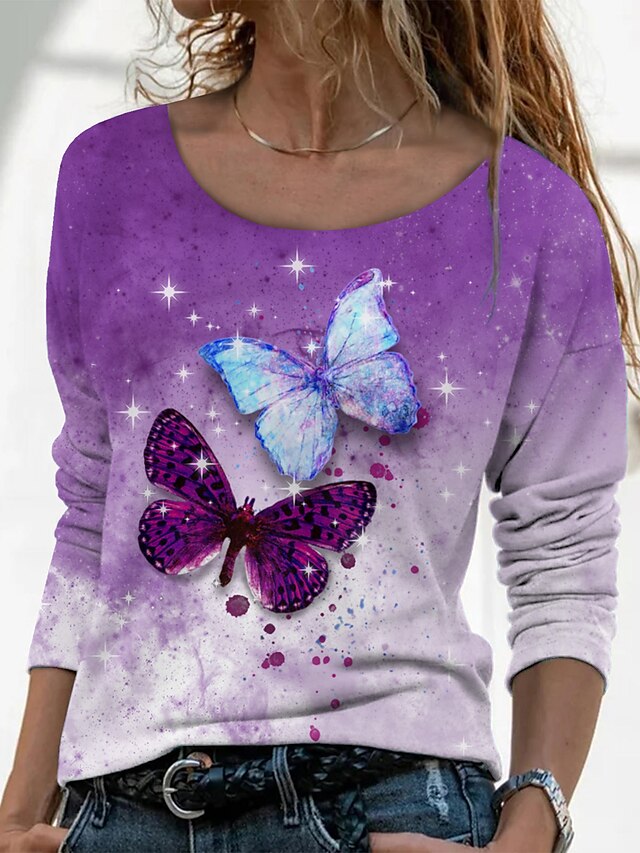 Damen Schmetterling Funkelnd Batik Täglich Wochenende Schmetterling Farbe Langarm T Shirt Rundhalsausschnitt Bedruckt Basic Vintage Oberteile Grün Blau Purpur S / 3D-Druck