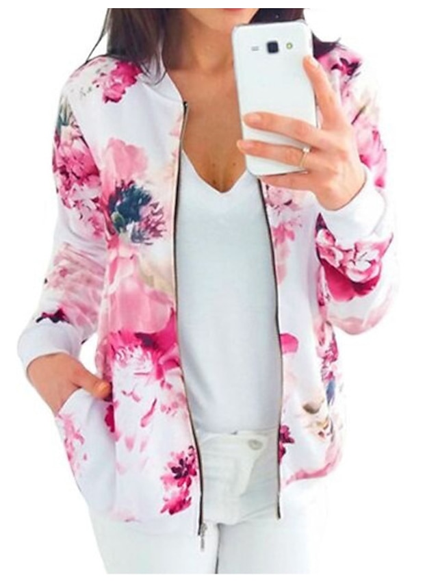  Women's Jacket Casual Jacket Spring &  Fall Valentine's Day Going out Regular Coat Round Neck Regular Fit Sporty Jacket Long Sleeve Print Print Blue Red Light Blue