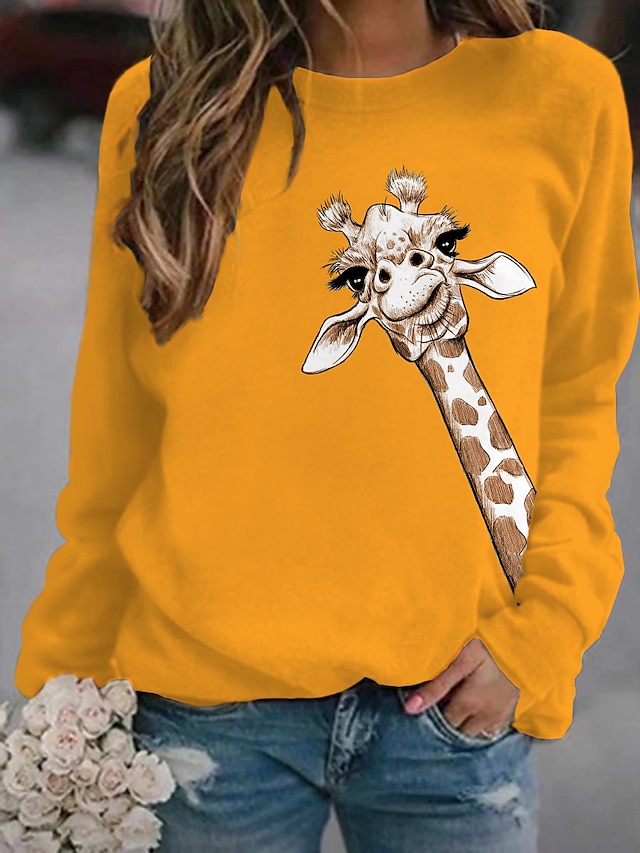  Camisola de manga comprida com estampa de girafa feminina, tops engraçados, regular, confortável, gola redonda, camisola amarela