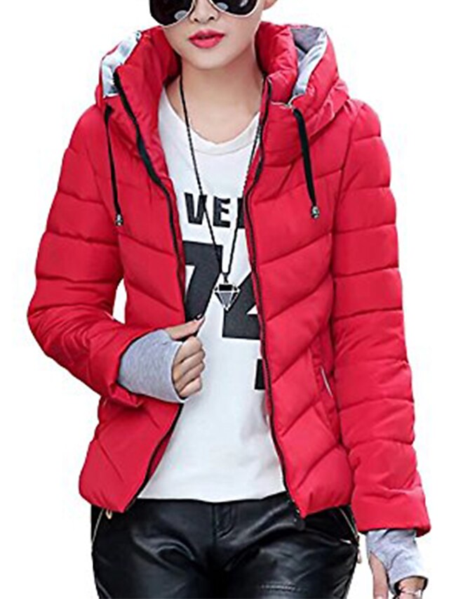  kvinders vinterjakke parkaer tyk plusstøj overtøj solid hættejakker korte slanke bomulds polstrede basistoppe, medium, rød