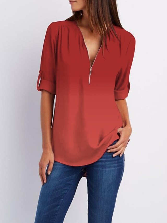  seaintheson womens short sleeve tops,casual deep v neck chiffon solid t-shirt 3/4 roll sleeve zipper tunic shirt blouses