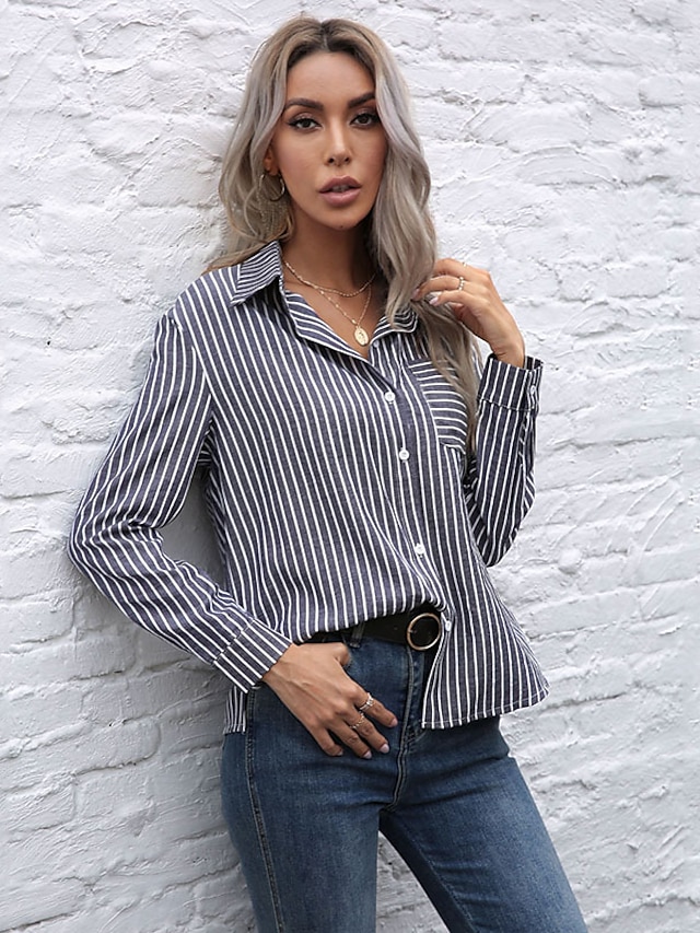  Women's Blouse Shirt Striped Shirt Collar Pocket Button Basic Streetwear Tops Dark Gray