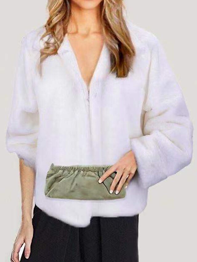  Women's Faux Fur Winter Party Wedding Causal Short Coat Stand Collar Warm Regular Fit Elegant & Luxurious Jacket Long Sleeve Formal Style Solid Colored White Black