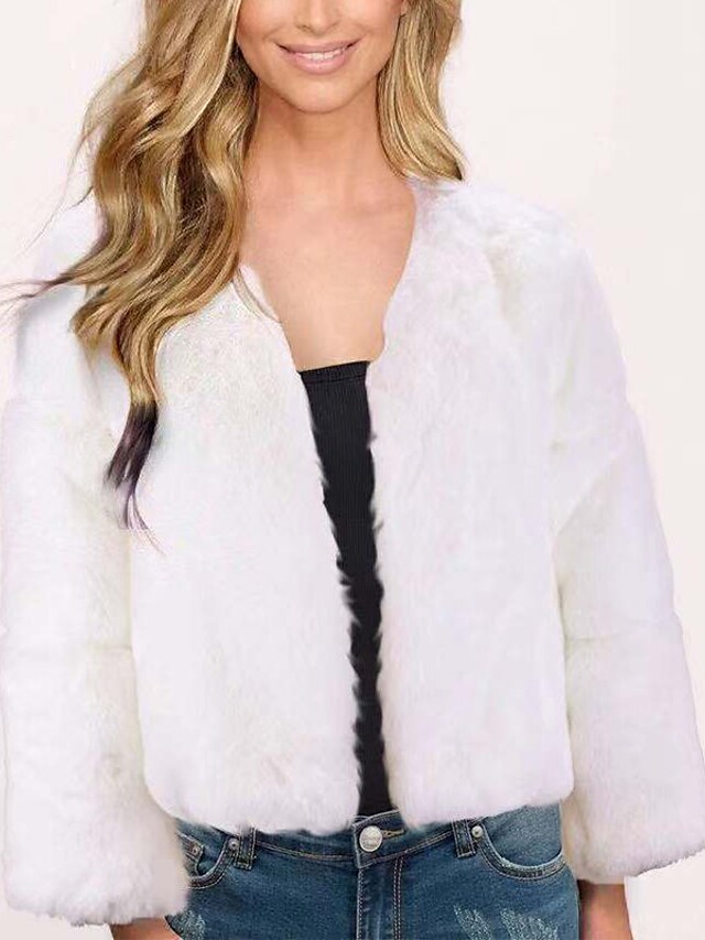 Women's Faux Fur Coat Fall Winter Wedding Daily Regular Coat V Neck Warm Regular Fit Elegant & Luxurious Jacket Long Sleeve Classic Solid Colored Blushing Pink Gray White