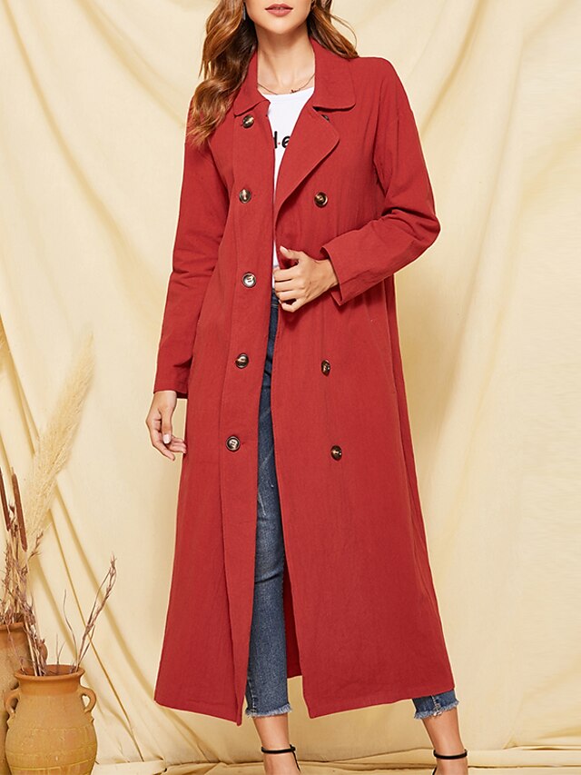  Women's Trench Coat Fall & Winter Daily Long Coat Regular Fit Jacket Long Sleeve Solid Colored Red
